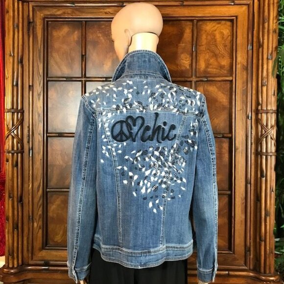 Chico's PEACE LOVE CHIC Embroidered Studded Mediterranean Stretch Denim Jacket